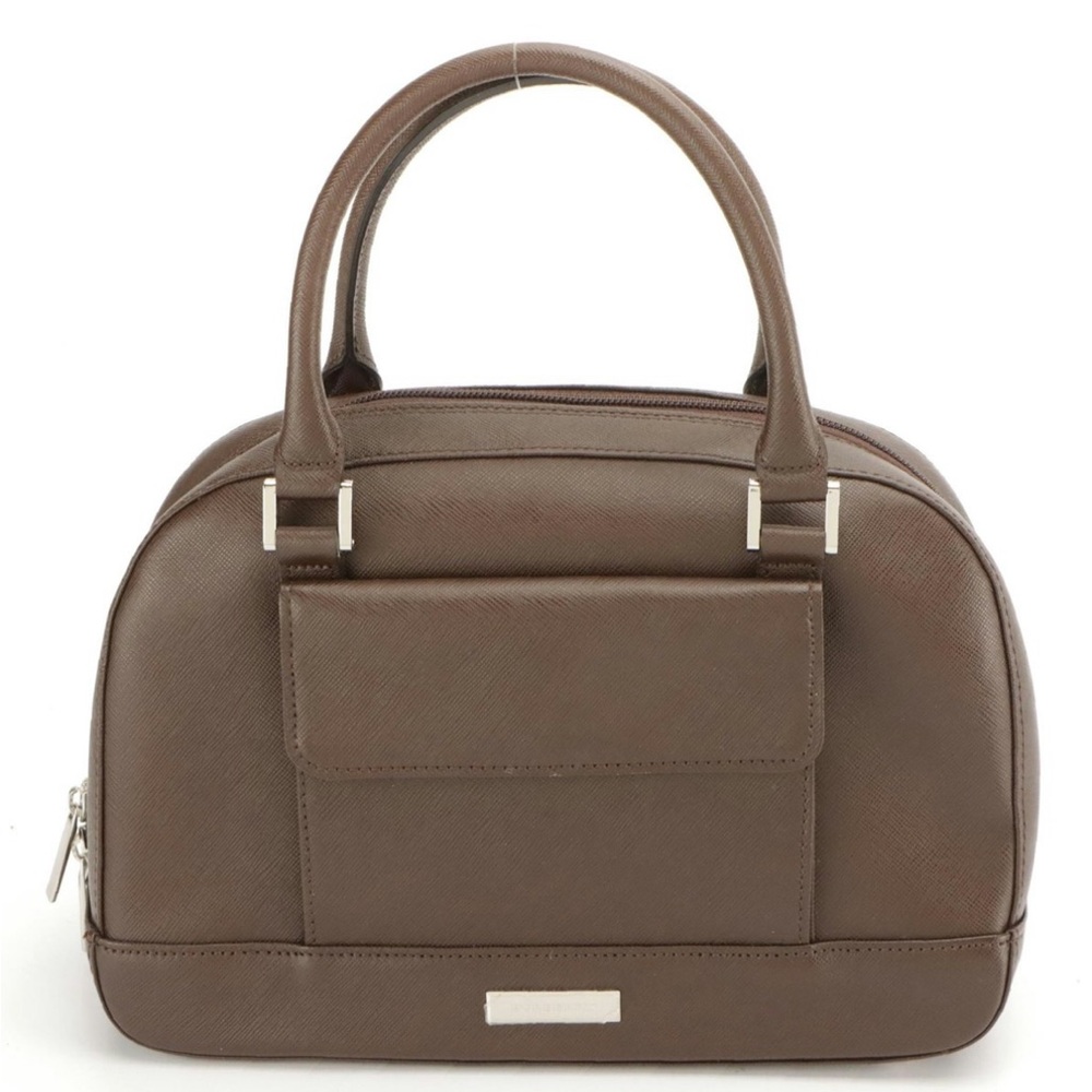 Burberry Saffiano Leather Satchel front pocket, nova check interior, authentic